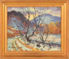 Usik Stepan Grigorovich (1925-2001): Tél Kárpátalján. Tempera, karton, jelzett, keretben, 23×28 cm