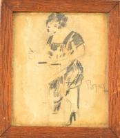 Bernáth jelzéssel: Nő az asztalnál. Szén, papír, foltos, üvegezett keretben, 13×11,5 cm