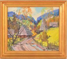 Usik Stepan Grigorovich (1925-2001): Kárpátaljai falu. Tempera, karton, jelzett, keretben, 24×27 cm