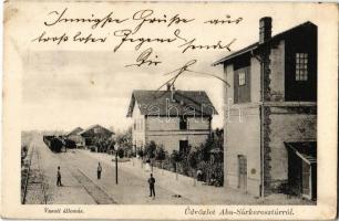 1908 Aba, Aba-Sárkeresztúr; Vasútállomás, tehervonatok, vasutasok. Kiadja Ladányi Ernő fényképész (EK)