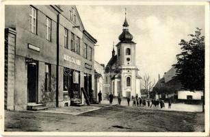 Velky Újezd, square, church, shops of Holic, Bata, Alois Calábek and Leopold Kovárik