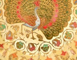 Díszes pávás réz tál, zománc berakásokkal, d: 30 cm