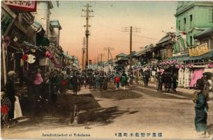 Yokohama, Isesakichio-dori / street view with shops, rickshaws
