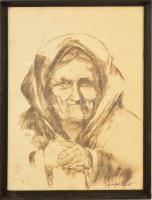 Gyárfás jelzéssel: Öregasszony portré. Szén, papír, üvegezett keretben, 43×30 cm