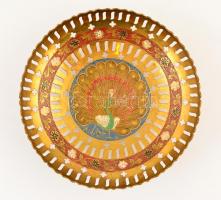 Díszes pávás zománcozott réz áttört tál, d: 24 cm