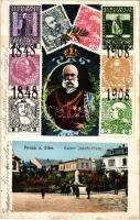 1848-1908 Hostinné, Arnau am Elbe; Kaiser Josefs Platz / square, Franz Josephs 60th anniversary of reign, stamps