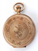 14 K arany, női zsebóra. Vésett tokkal, üveg nélkül, egy mutató lejár. Működő állapotban, óratartó d...