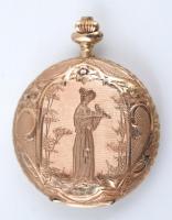 Duplafedeles 14 K arany, női zsebóra. Vésett tokkal, figurális díszítéssel, üveg nélkül de szép. műk...