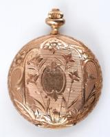 Duplafedeles 14 K arany, női zsebóra. Vésett tokkal, figurális díszítéssel, üveg nélkül de szép. műk...