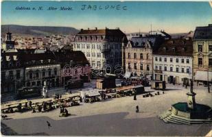 1914 Jablonec nad Nisou, Gablonz; Alter Markt / market, trams, Hotel Erlebach, shops of Carls Weiss and Blumen (EK)