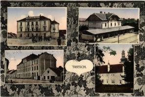 1915 Trest, Triesch; Nadrazí, Radnice, skola / railway station, town hall, church, school. Art Nouveau