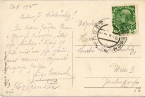 1915 Trest, Triesch; Nadrazí, Radnice, skola / railway station, town hall, church, school. Art Nouve...