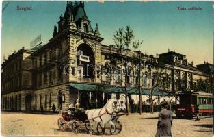 1913 Szeged, Tisza szálloda, villamos a Széchenyi tér irányába, hintó montázs (EK)