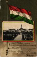 1903 Szeged, Széchenyi tér a városházával. Magyar zászlós litho keret (kis szakadás / small tear)