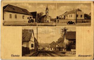 1943 Kisvaszar, Fő utca, templom, automobil, Hangya Szövetkezet üzlete és saját kiadása (EK)