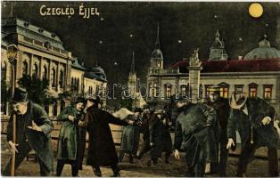 1915 Cegléd, Czegléd éjjel. Kiadja Sárik Gyula 5060. Montázs részeg férfiakkal este / Montage with drunk men at night (EK)