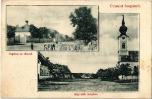 1908 Szegvár, Plébánia az utcával, Régi katolikus templom. Kiadja Mohr Sámuel (fl)