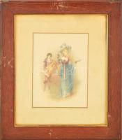 cca 1880 Arisztokrata hölgy ifjúval, selyemkép (nyomat), hibás antik keretben, 20×15 cm