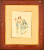 cca 1880 Arisztokrata hölgy ifjúval, selyemkép (nyomat), hibás antik keretben, 20×15 cm