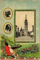 1915 Budapest I. Mátyás templom, Szentháromság szobor, Ferenc József, Vilmos császár. Hazafias litho keret K.u.K. katonákkal és magyar zászlóval (EK)