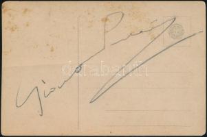 Giacomo Puccini zeneszerző aláírása őt ábrázoló levelezőlap hátulján