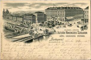 1902 Budapest V. Gundel János féle István főherceg szálloda reklámlapja, villamos, kávéház, sörház. Akadémia utca. Bruchsteiner Ármin és Richárd (EK)