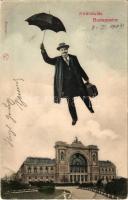 1904 Budapest VII. Keleti pályaudvar, vasútállomás. Kirándulás Budapestre esernyővel repülő úriember montázs / flying man with umbrella montage (szakadás / tear)