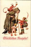 Glückliches Neujahr! / New Year greeting art postcard with Krampus. Mia- Künstlerkarten-Verlag, Teplitz-Schönau Karte Zi. 789. s: E. Kutzer