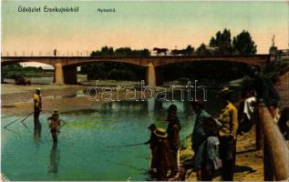 1912 Érsekújvár, Nové Zámky; Nyitra híd, horgászás. Kiadja Conlegner J. és fia / Nitra river bridge, fishing (EK)