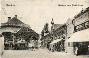 1915 Komárom, Komárno; Vármegye utca, Központi szálloda, Stern Bernát, Zechmeister, Kiss Mór fia üzlete. L. H. Pannonia 7580. / street view, Hotel Central, shops (r)