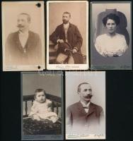 cca 1890-1915 Vegyes keményhátú fotó tétel, fiumei, komáromi, szolnoki (hátoldalon a műterem képével), győri fotósoktól, 8 db, 11×6,5 cm