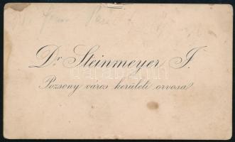 cca 1897 Steinmeyer József Pozsony város kerületi orvosa névjegykártyáuja, hátoldalán kézzel írt soraival