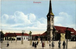 Érsekújvár, Nové Zámky; Kossuth tér, templom, Conlegner J. és fia üzlete, Gyógyszertár / square, church, shops, pharmacy