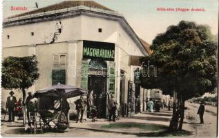 1912 Szatmárnémeti, Szatmár, Satu Mare; Attila utca, Magyar áruház / street view, Hungarian department store, shops - képeslapfüzetből / from postcard booklet