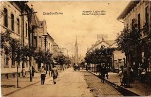 1915 Budapest XX. Pestszenterzsébet, Pesterzsébet, Erzsébetfalva; Kossuth Lajos utca, Római katolikus templom, üzletek, nyomda + Militärpfläge Rekonv. Abt. K.u.K. I. R. No. 38. (EK)