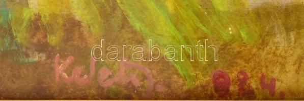 Keleti Jenő (1920-1998): Két ház őszi tájban. Olaj, farost, jelzett, üvegezett keretben, 60×70 cm