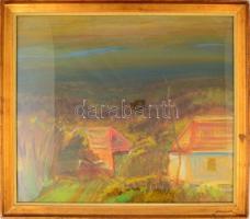 Keleti Jenő (1920-1998): Két ház őszi tájban. Olaj, farost, jelzett, üvegezett keretben, 60×70 cm