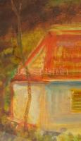 Keleti Jenő (1920-1998): Két ház őszi tájban. Olaj, farost, jelzett, üvegezett keretben, 60×70 cm