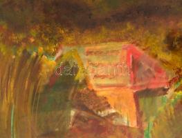 Keleti Jenő (1920-1998): Két ház őszi tájban. Olaj, farost, jelzett, üvegezett keretben, 60×70 cm