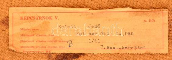 Keleti Jenő (1920-1998): Két ház őszi tájban. Olaj, farost, jelzett, üvegezett keretben, 60×70 cm