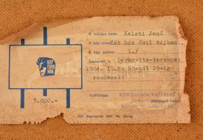 Keleti Jenő (1920-1998): Két ház őszi tájban. Olaj, farost, jelzett, üvegezett keretben, 60×70 cm