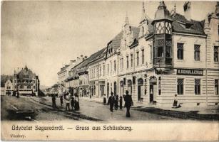 1908 Segesvár, Schässburg, Sighisoara; utca, villamossín, H. Schullerus üzlete. Kiadja Vándory / street view, tramway, shops (r)