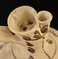 Fazekas csörgő kancsó, kézzel festett máz nélkül, foltos, jelzés nélkül, m: 32 cm