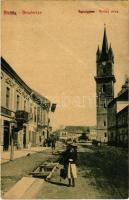 1908 Beszterce, Bistritz, Bistrita; Kórház utca, Gyógyszertár, Weiss Otto üzlete, Evangélikus templom. W. L. (?) No. 406. / street view, pharmacy, shops, Lutheran church (r)