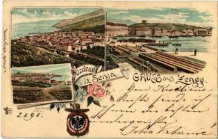 1898 Senj, Zengg; látkép, kikötő / general view, port. Heinrich Krapek. O.Z.M. Art Nouveau, floral, litho (EK)
