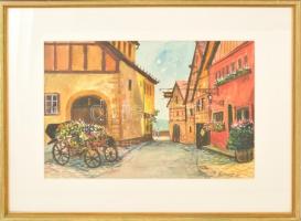 Szamosvári József (1931-): Utca részlet. Akvarell, papír, jelzett, üvegezett keretben, 30×42 cm
