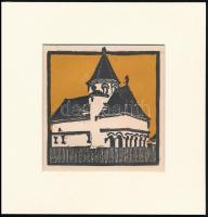 Kós Károly (1883-1977): Ház, színes linómetszet, papír, jelzés nélkül, paszpartuban, 12×12 cm