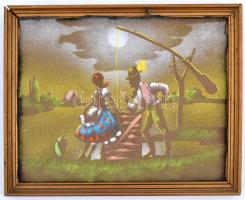 Jelzés nélkül: Holdfényes találka, dekoratív festett selyemkép, fa keretben, 19,5×25 cm