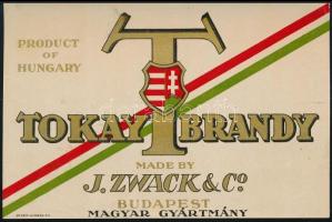 Tokay Brandy Zwack gyártmányú címeres aranynyomású italcímke, szép állapotban