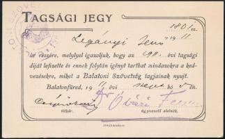 1911 A Balaton Szövetség tagsági jegye Legányi Jenő részére, szép állapotban